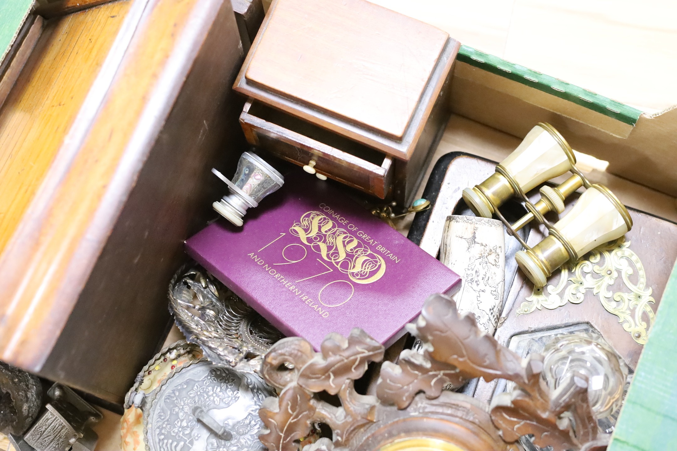 A Victorian brass mounted inkstand, tambour stationery rack and miscellaneous collectables